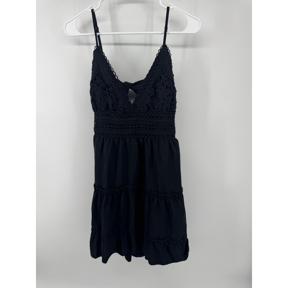 ECOWISH Black Crochet Lace Tiered Mini Dress V-Neck Tie Back Boho Summer L